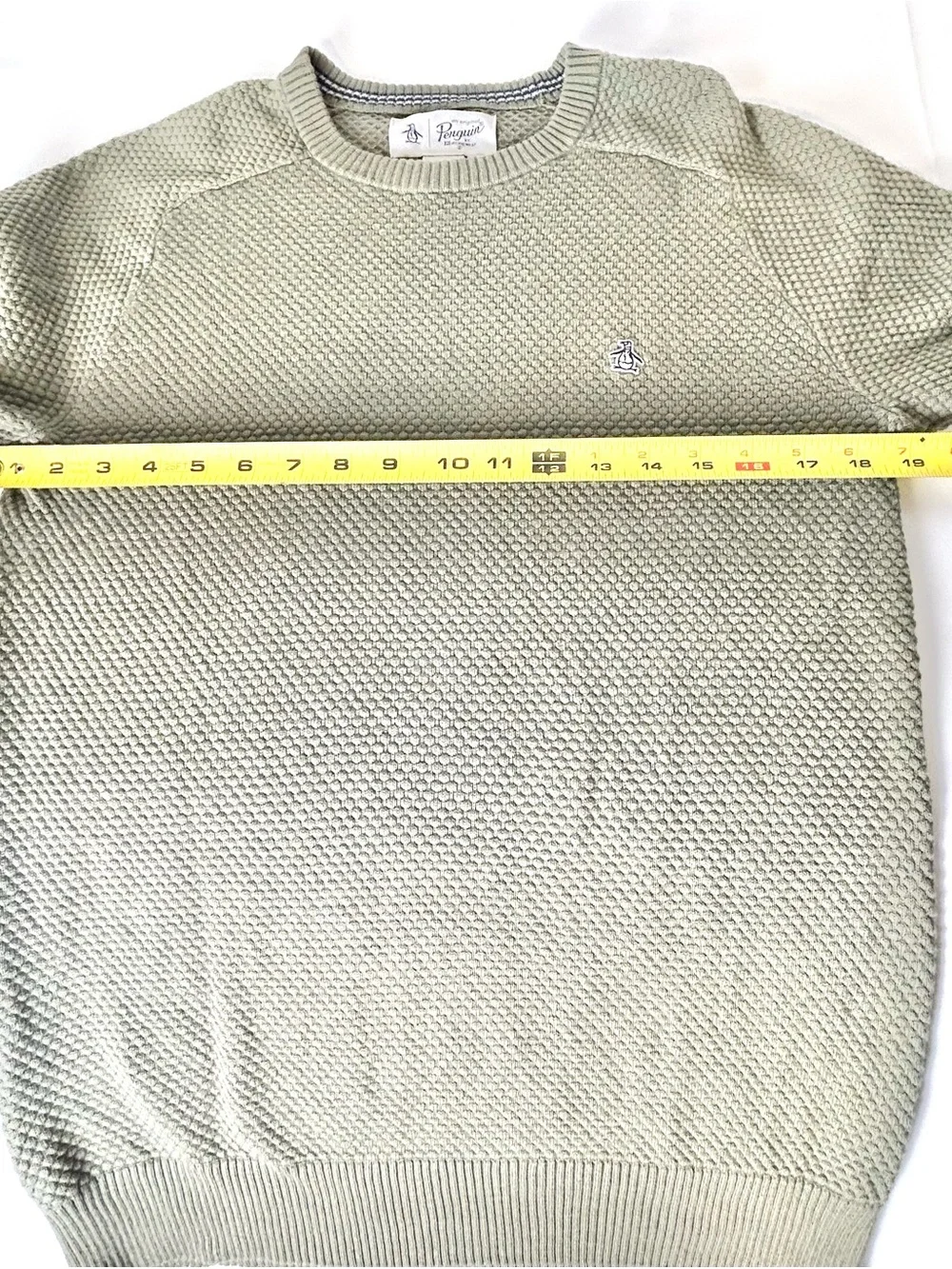 Original Penguin Sweater Mens Small Green Waffle Knit Crew Neck Logo Pullover